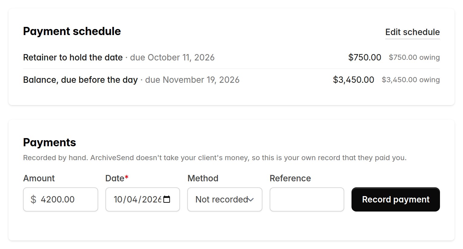 An invoice with a two stage payment schedule and a form to record a payment